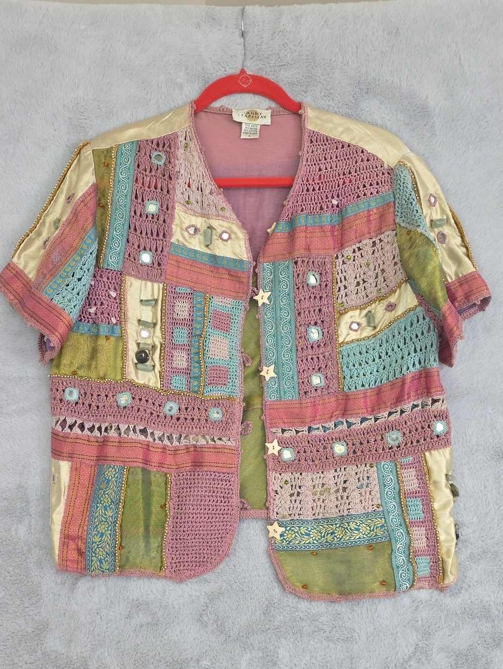 Sandy Starkman Pink Crochet Beaded Boho Vest